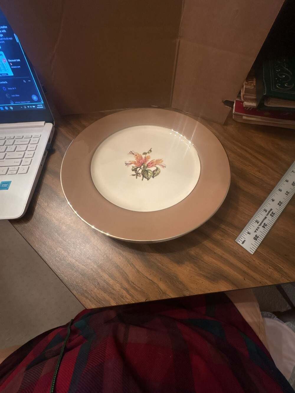 Flintridge China Cambria Cocoa Dinner Plates Floral Platinum Trim Set of 4